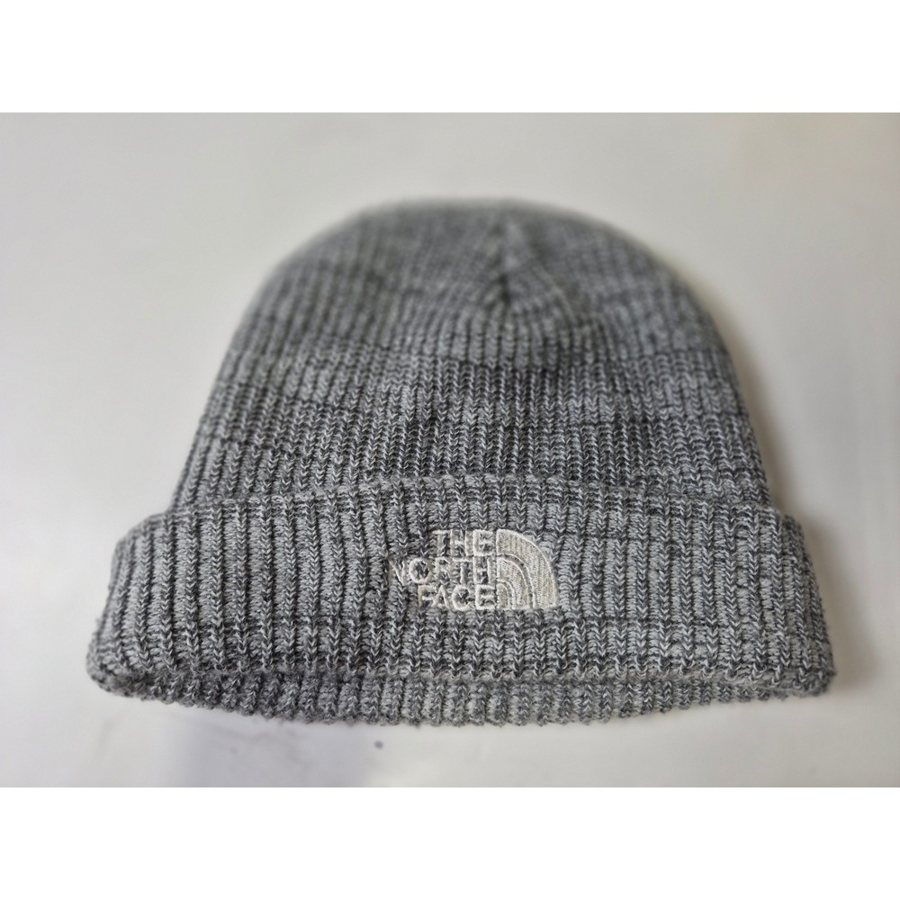 The North Face Grey Ribbed Knit Beanie Embroidered Logo Cuffed Winter Hat